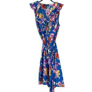 Lauren Ralph Lauren Women's Silk Ruffle Collar Floral Button Front Dress Blue 14